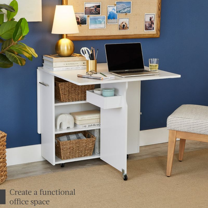 Best Choice Products Multipurpose Folding Table w/ Wheels, 3 Storage Shelves, Cubby, Handle - White