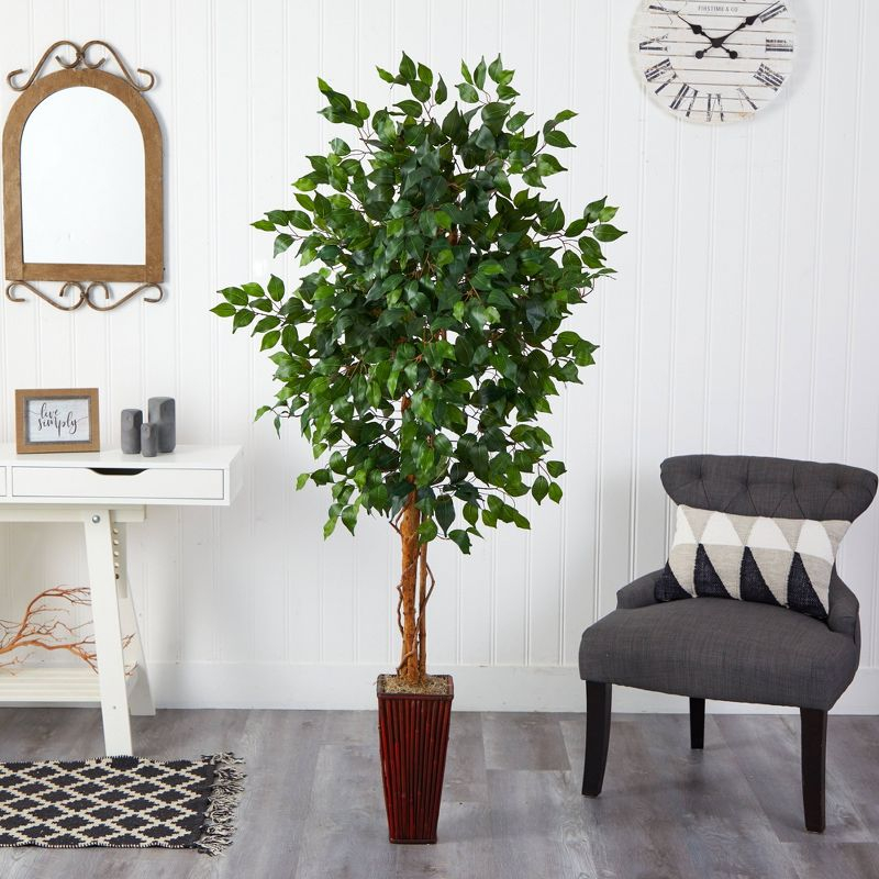 Nearly Natural 6-ft Ficus Tree with Bamboo Planter