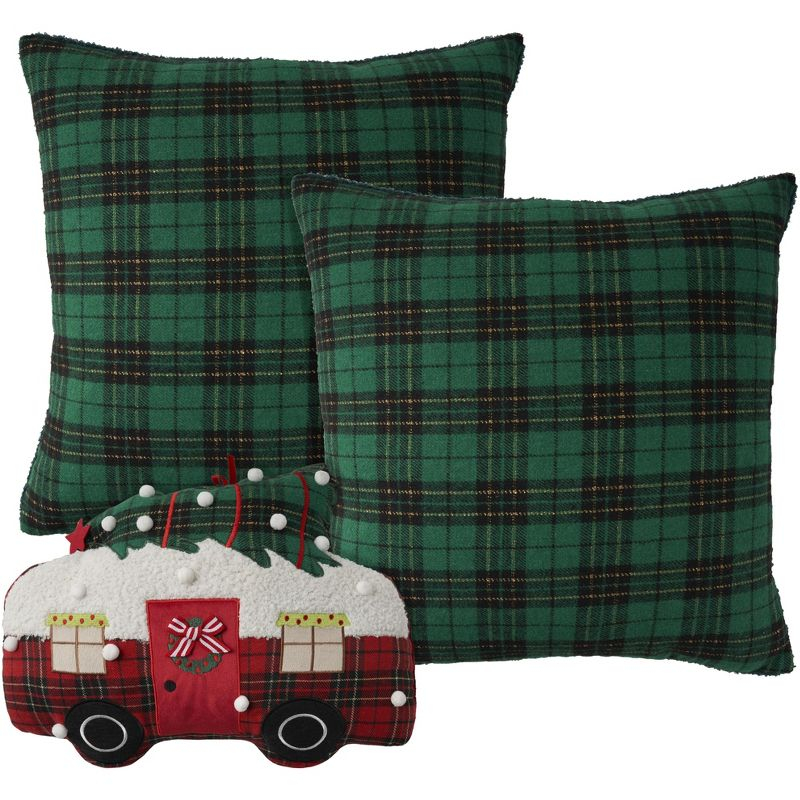 Mina Victory Holiday Plaid Faux Shearling Christmas Camper 3 Piece Set Indoor Throw Pillows