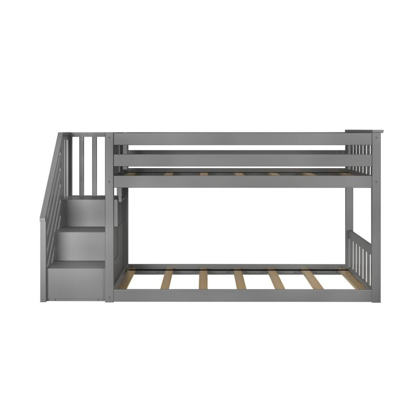Max & Lily Solid Wood Twin over Twin Low Bunk Bed for Kids with Staircase, Grey