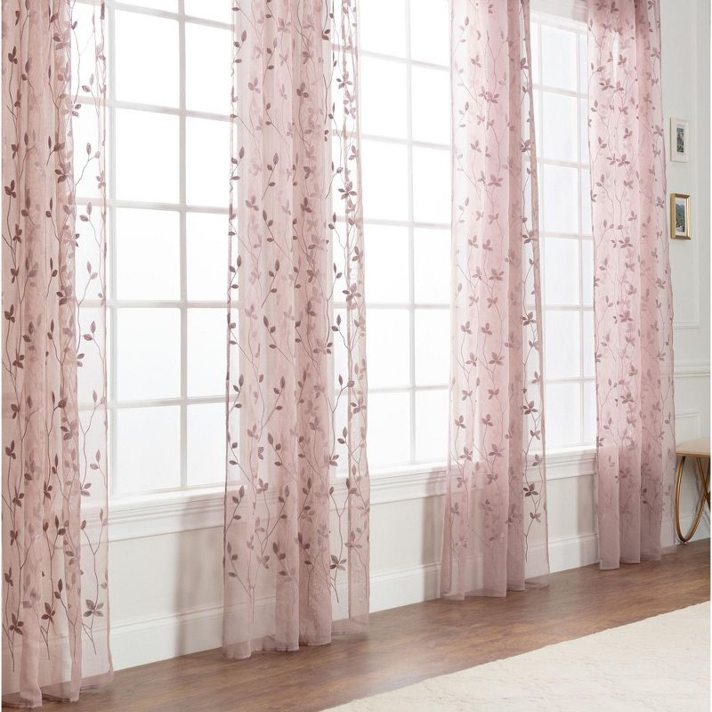 Chanasya 2pk Embroidered Vine Sheer Window Curtain Panels - Set of 2 - 52 x 96 Inches Long - Rose Dust