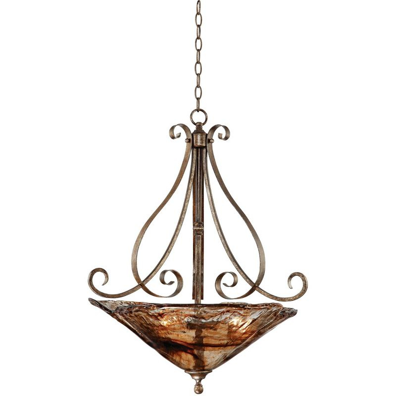 Franklin Iron Works Amber Scroll Golden Bronze Pendant Chandelier 24 3/4" Wide Rustic Art Glass Bowl 3-Light Fixture for Dining Room Kitchen Island