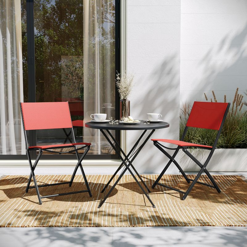 Flash Furniture Brazos Set of 2 Commercial Grade Indoor/Outdoor Folding Chairs with Red Flex Comfort Material Backs and Seats and Black Metal Frames