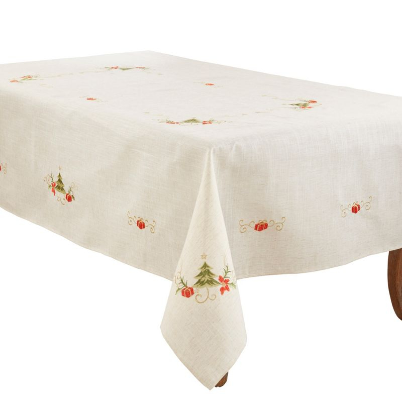 Saro Lifestyle Embroidered Christmas Tree Design Holiday Linen Blend Tablecloth, 67"x180", Beige