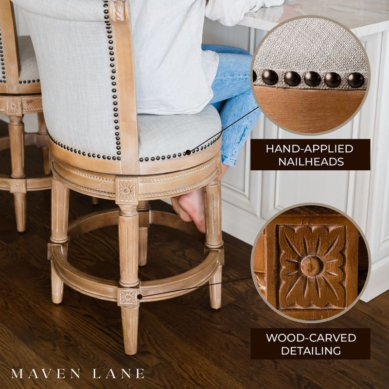 Maven Lane Pullman 26 Inch Tall Counter Height Upholstered Barstool with Back in Weathered Oak Finish with Sand Color Fabric Cushion Seat, Set of 4