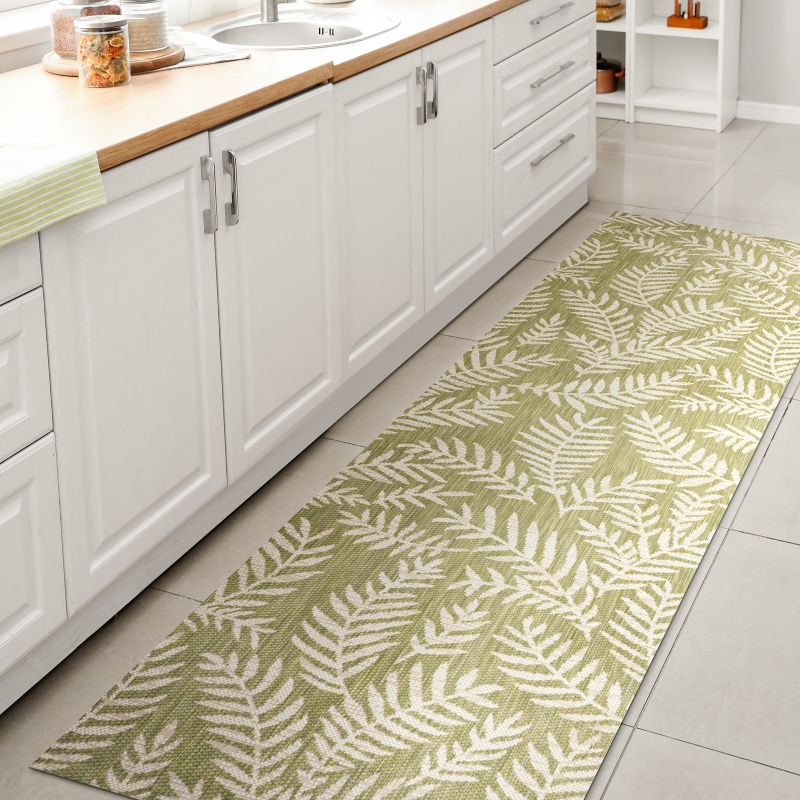 2' x 10' Nevis Palm Frond Indoor/Outdoor Runner Rug, Green/Cream - JONATHAN Y