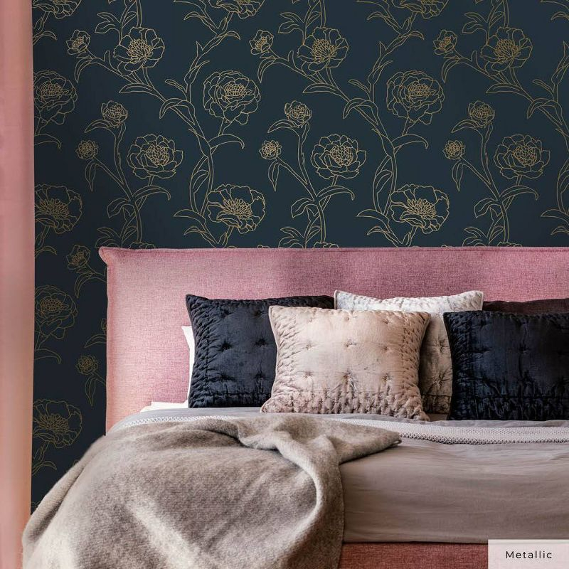 Tempaper & Co.® Peonies Removable Peel and Stick Wallpaper, Peacock Blue and Metallic Gold Floral, 28 sq. ft.: Vinyl Self-Adhesive