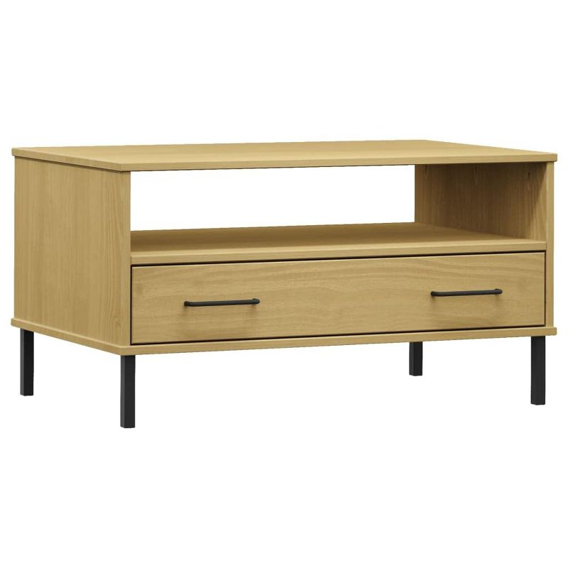 vidaXL Solid Pine Wood Coffee Table with Metal Legs and Drawer, Durable Living Room Table, Elegant Design, Easy Assembly, 33.5"x19.7"x17.7", Brown