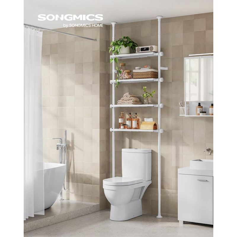 SONGMICS Bathroom Organizer 4-Tier, Over The Toilet Storage Shelf, 4 Height Adjustable and Extendable Shelves, 35.4 to 122.1 Inch Tall,Pearl White