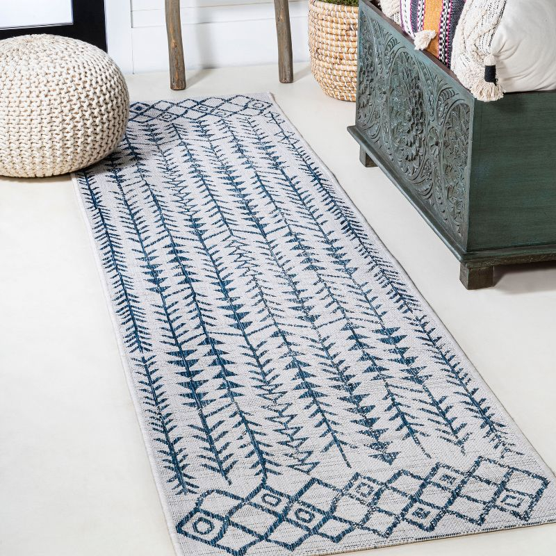 2'x8' Tokay Bohemian Styled Geometric Indoor/Outdoor Runner Rug, Ivory/Blue - JONATHAN Y