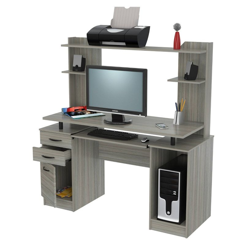 Computer Workcentre With Hutch Smoke Oak - Inval: Modern Laminate Writing Desk, MDF Frame, Open Shelf Storage