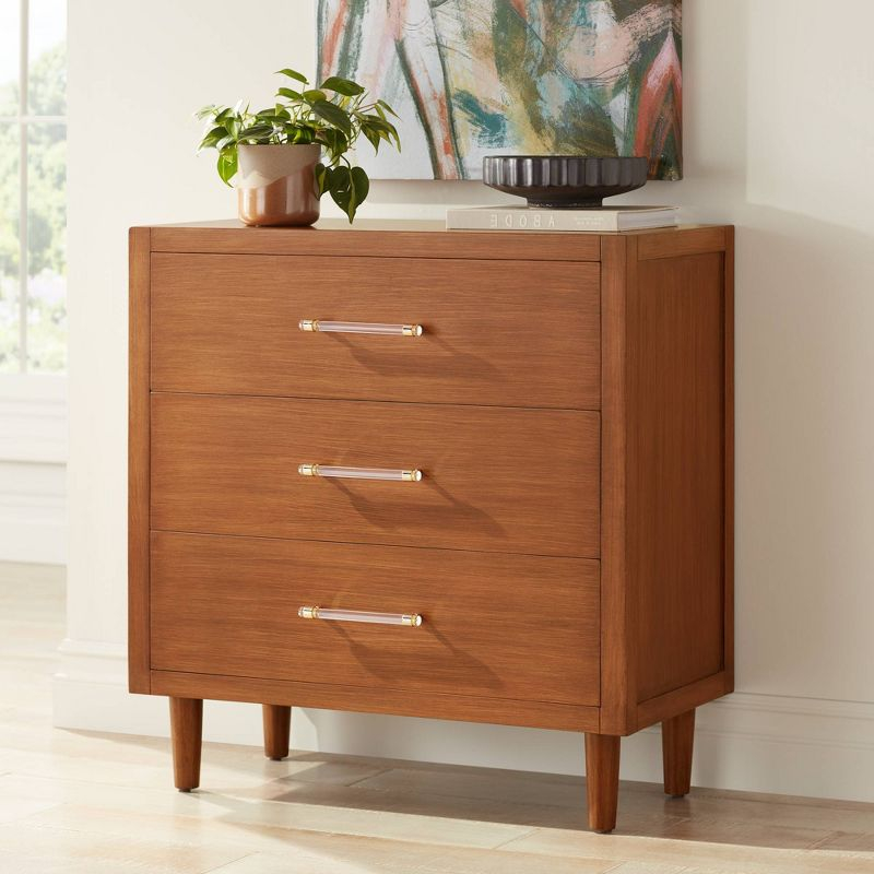 55 Downing Street Ollie 32" Wide Teak 3-Drawer Modern Cabinet with Crystal Handles