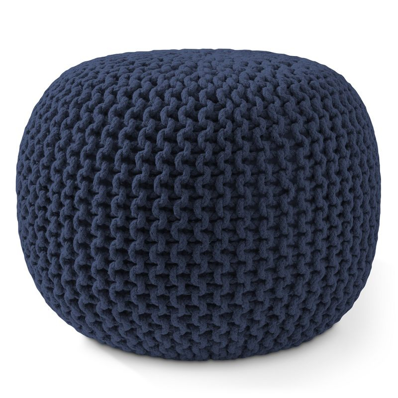 Casafield Round Pouf Ottoman, Navy Blue - 20" Dia x 14.5" High Cotton Knit Foot Stool - Boho Floor Pouffe for Living Room