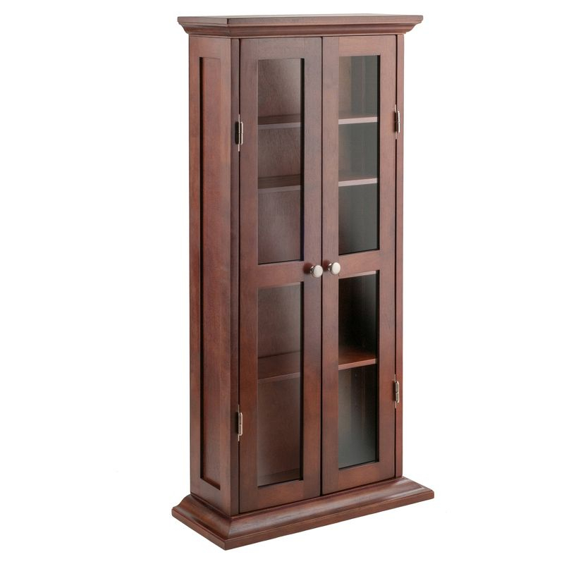 Dvd-Cd Cabinet - Antique Walnut - Winsome: Multimedia Storage, Glass Doors, 4 Adjustable Shelves