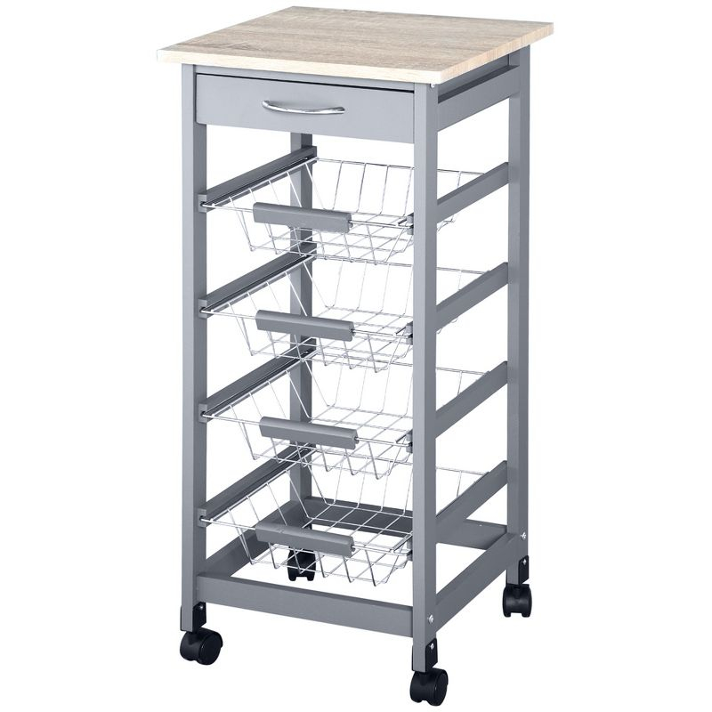 HOMCOM 32.25" Wooden Rolling Kitchen Storage Cart, Trolley Cart on 360° Swivel Wheels with Storage Drawer, Gray