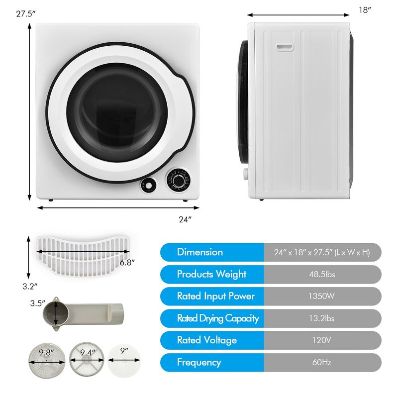 Costway 1350W Electric Compact Laundry Dryer 13.2 LBS Clothes Dryer 5 Drying Programs