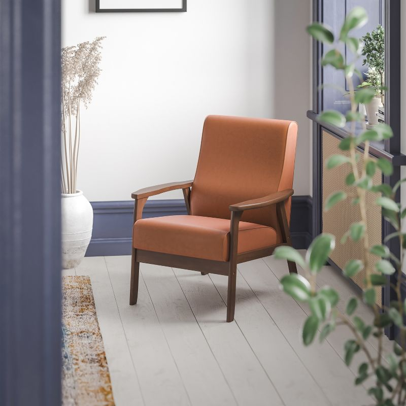 Flash Furniture Langston Commercial Grade LeatherSoft Upholstered Mid Century Modern Arm Chair with Walnut Finished Wooden Frame and Arms in Cognac