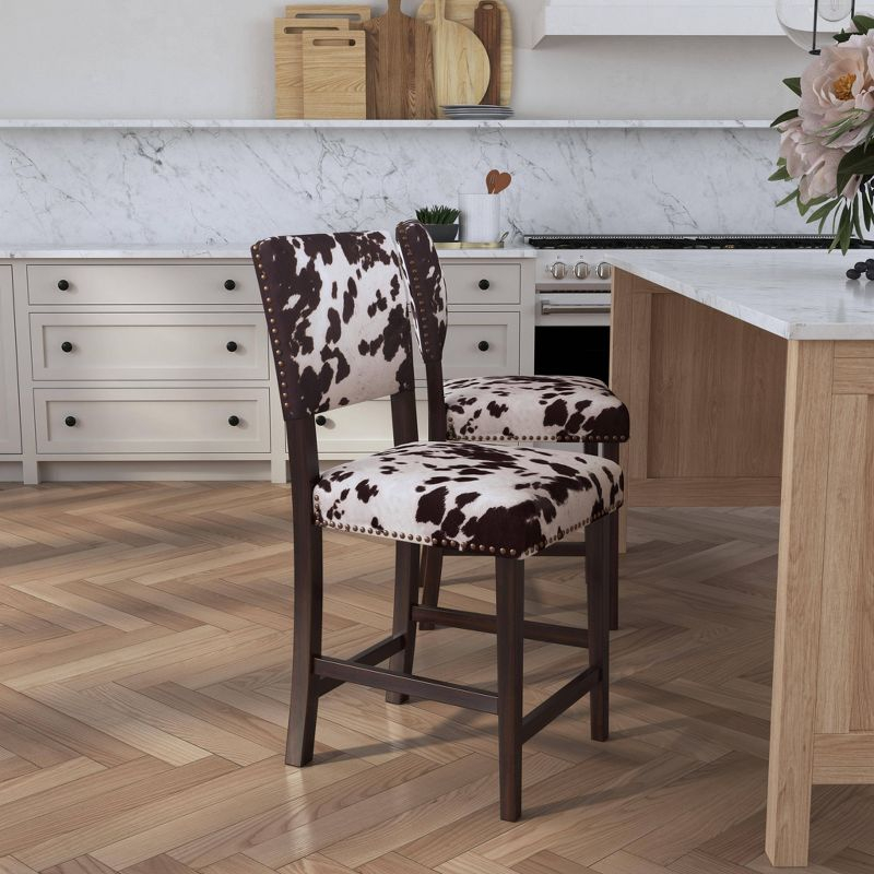 Linon 24" Corey Microfiber Upholstery Counter Height Barstool Cow print : Farmhouse Style, Wood Frame, Footrest