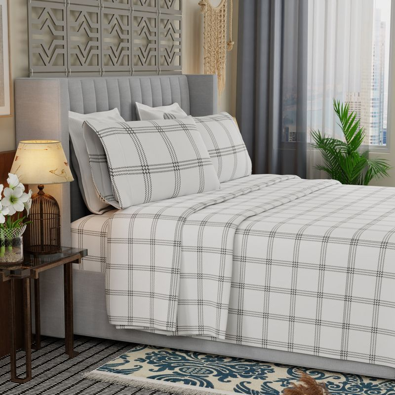 Color Sense Percale Weave Cool & Crisp Cotton Rich Sheet Set, Full, Grey Checks, 4 piece