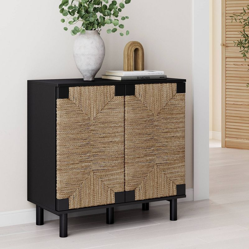 Beacon Wood and Seagrass 2 Door Storage Cabinet Brushed Black/Seagrass - Nathan James: Bohemian Accent, Adjustable Interior Shelf