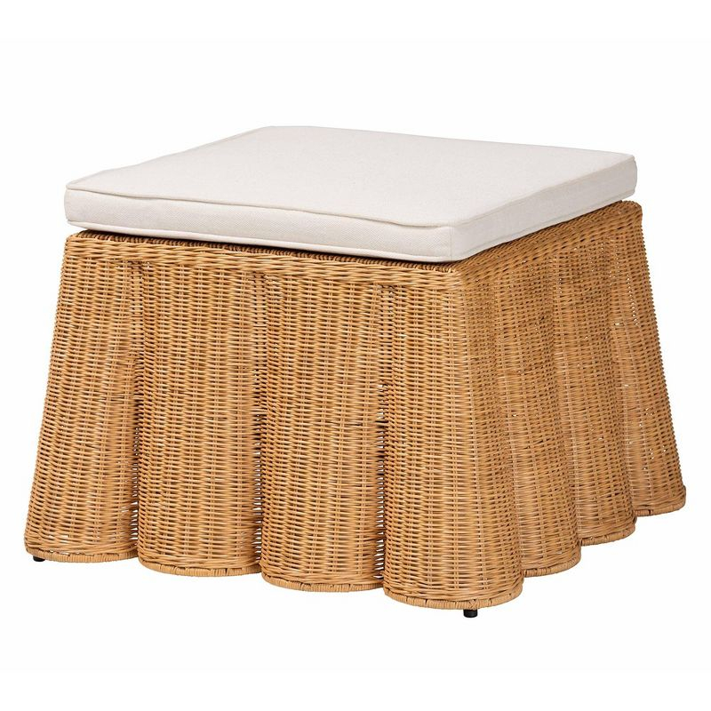 bali & pari Palm Scallop Rattan Ottoman Honey: Square Upholstered, No Assembly, Polyester, Plywood