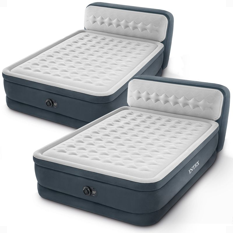 Intex Dura-Beam 18-Inch Deluxe Queen Sized Air Mattress Comforting Bed with Built-In Electric Pump and Ultra Plush Supportive Headboard (2 Pack)