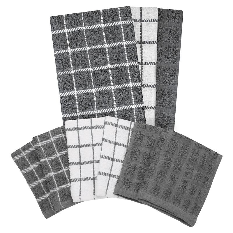 John Ritzenthaler Co. Ritz 3-Pack Terry Check Kitchen Towel Set and 6-Pack Terry Check Dish Cloth Set, Grey