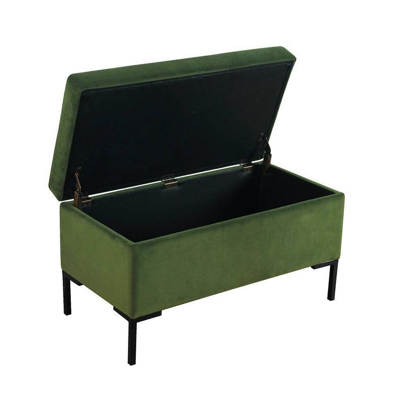 Medium Storage Bench with Metal Legs Green Velvet - HomePop: Upholstered Rectangular Ottoman for Bedroom, 250lb Capacity