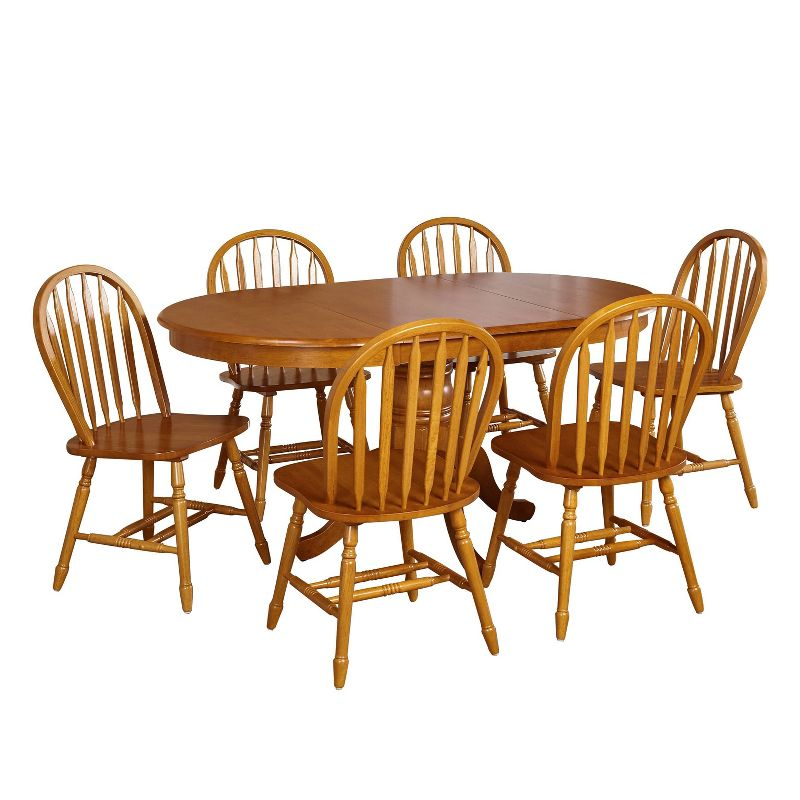 Buylateral 7pc Lancaster Farmhouse Solid Wood Extendable Dining Table Set Oak: Rubberwood, Pedestal Base, Seats 6