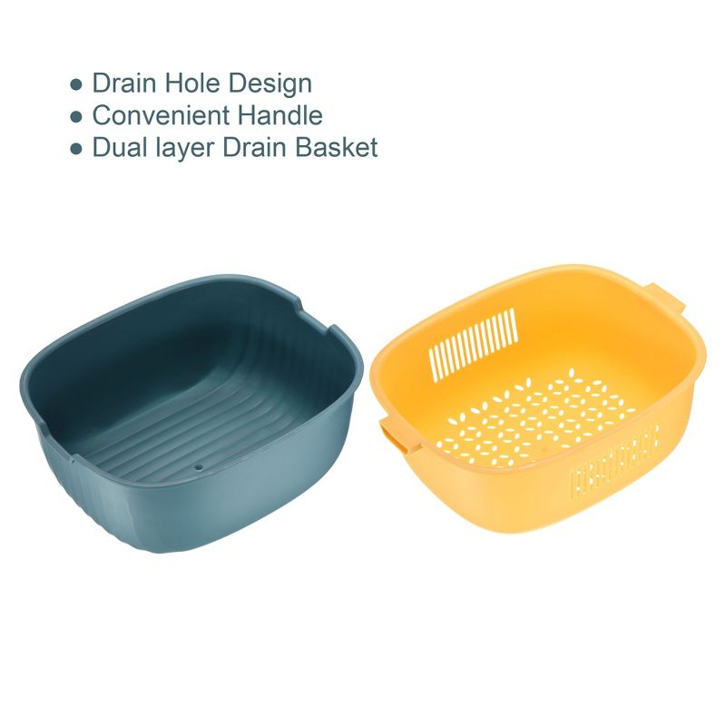 Unique Bargains Colander Bowl Strainers Set Plastic Double Layered Drain Basket Blue 2 Pcs