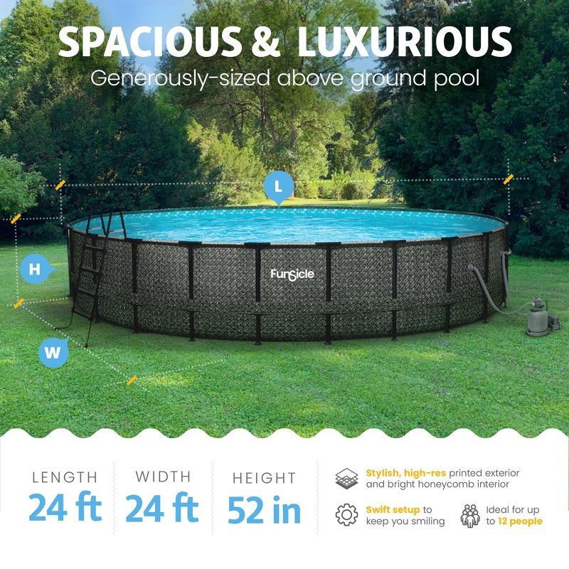 Funsicle 24 Feet by 52 Inches Oasis Designer Round Frame Above Ground Swimming Pool with SkimmerPlus Filter Pump and Cover, Dark Herringbone Pattern