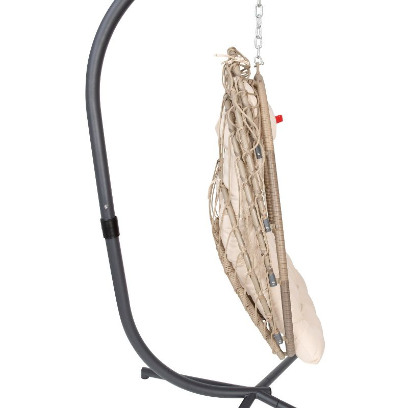 Emma and Oliver Foldable Hanging Egg Chair with Natural Woven Finish, Removable Cream Cushions, and Included Stand for Indoor and Outdoor Use