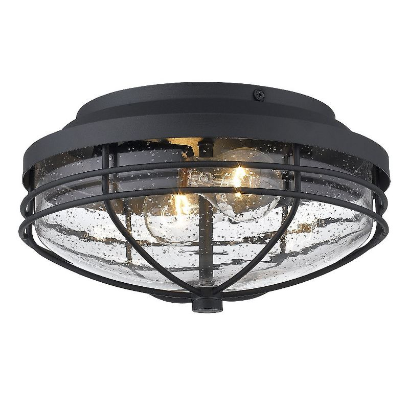 Golden Lighting Seaport 2-Light Outdoor Flush Mount in Natural Black with Seeded Glass