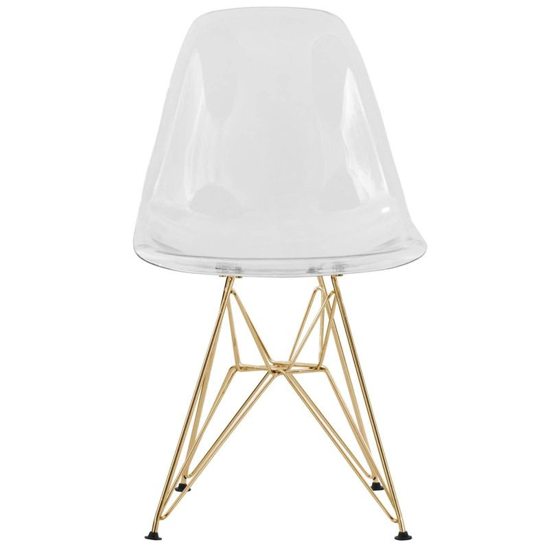 LeisureMod 5-Piece Dining Set with 35" Round Dining Table in White Iron Pedestal Base and 4 ABS Plastic Side Chair with Gold Base, Clear