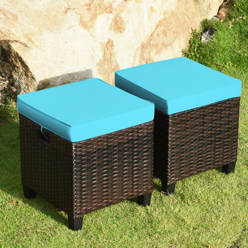 Costway 2PCS Patio Rattan Ottoman Cushioned Seat w/ Foot Rest Turquoise