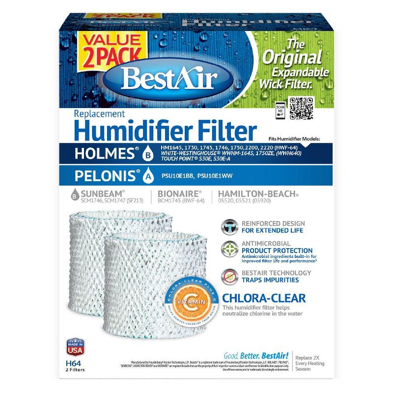 BestAir 2pk H64 Humidifier Replacement Filter for Holmes Humidifiers: Wick Filter, Captures Minerals & Bacteria, 10.1" Height