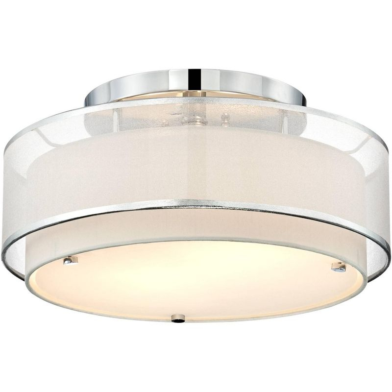 Possini Euro Design Modern Ceiling Lighting Semi Flush Mount Fixture 16" Wide Chrome 2-Light Sheer Outer Off White Inner Drum Shade for Bedroom House