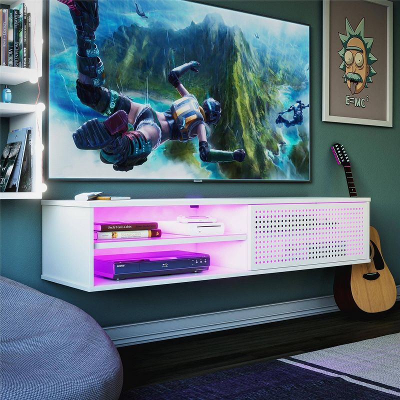 Glitch Floating TV Stand for TVs up to 60" White - NTENSE: Modern Media Console, MDF, 95 lbs Capacity