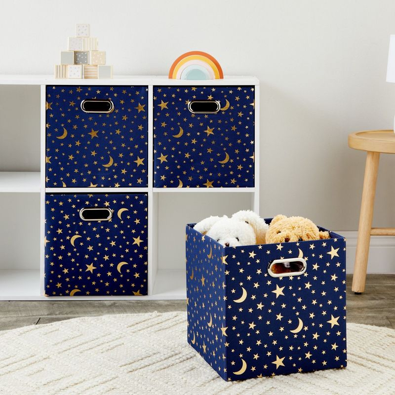 Okuna Outpost 4 Pack Star Storage Cubes, Collapsible Foldable Fabric Organizer Baskets for Clothes, Toys, Gold Moons and Stars, 11 In