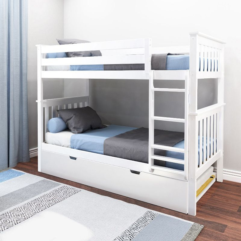 Max & Lily Solid Wood Twin over Twin Bunk Bed with Storage Trundle for Kids, White
