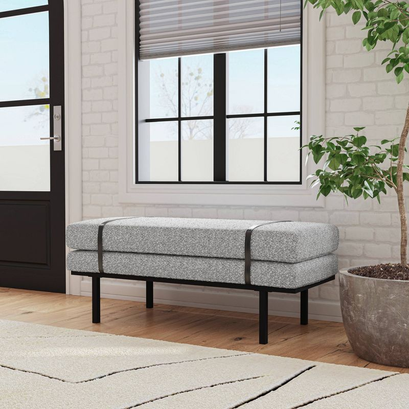 HomePop Upholstered Bench Gray Boucle: Modern Entryway & End of Bed Seating, Metal Legs, Faux Leather Detail