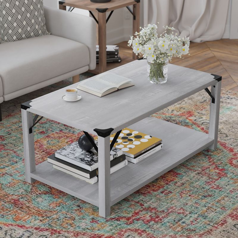 Flash Furniture Wyatt Modern Farmhouse Wooden 2 Tier Coffee Table with Black Metal Corner Accents and Cross Bracing, Aspen Gray