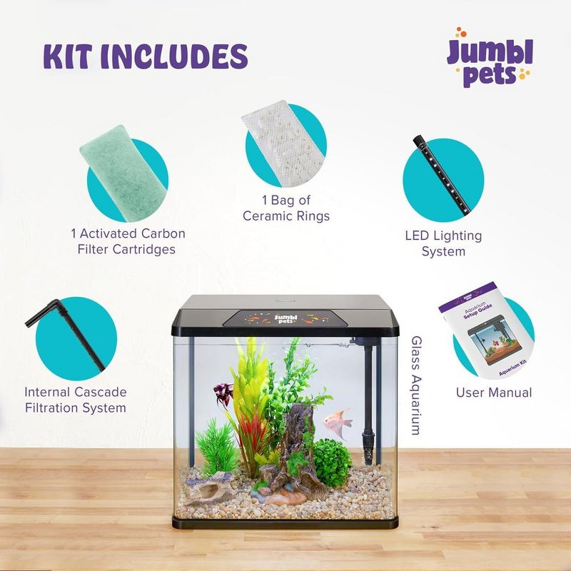 JumblPets Starter Fish Aquarium Kit, Beginner Glass Fish Tank Kit w/LED Lighting & More (4 Gallon)
