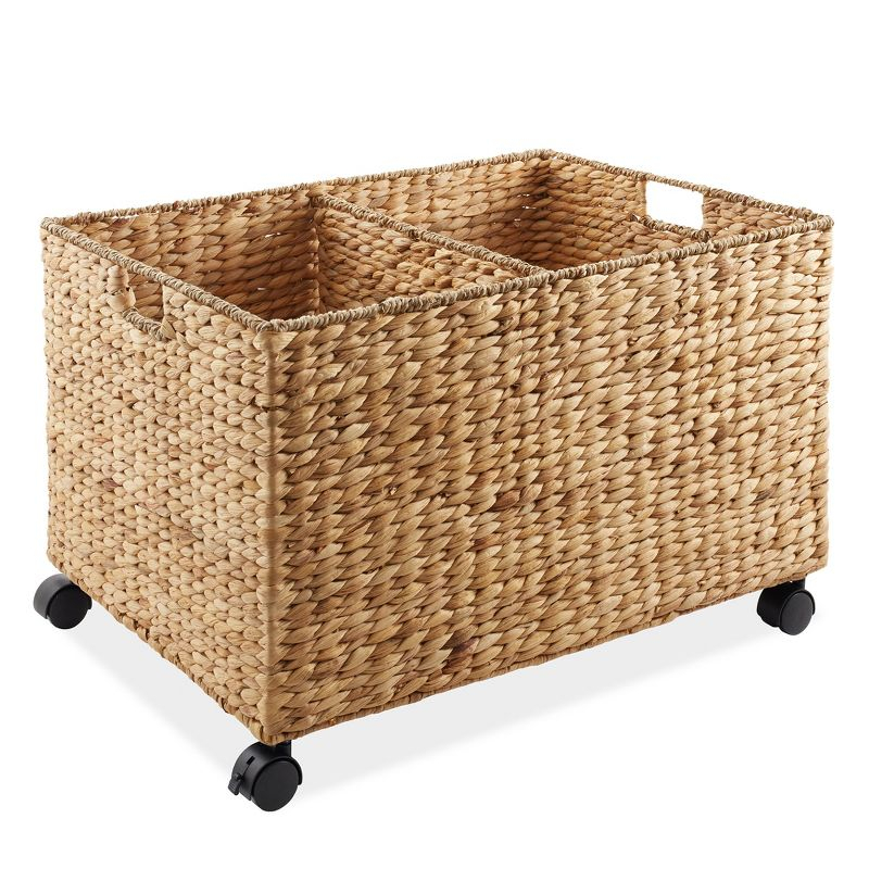 Casafield Rolling Storage Basket Cart with Lid and Wheels, Natural - Woven Water Hyacinth Divided Sorting Bin for Kitchen, Laundry, Pantry, Garage