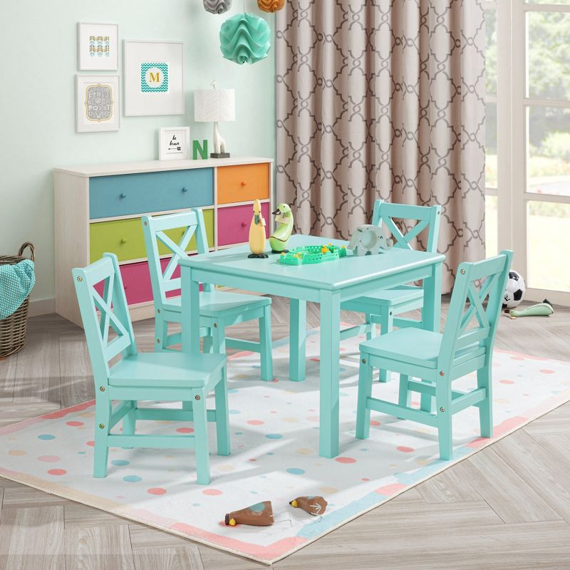 eHemco Solid Hard Wood Kids Table and Chair Set (4 Chairs Included), 5 Piece Set, White