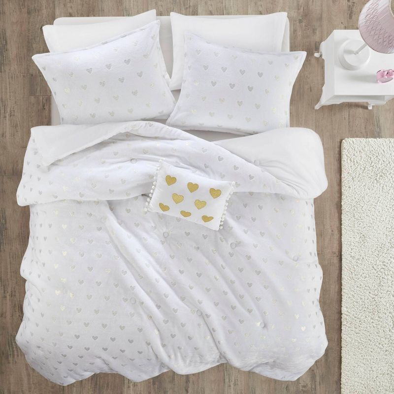 Mi Zone Full/Queen Audrey Metallic Print Plush Microfiber Soft Comforter Set with Throw Pillow White: Hypoallergenic, Transitional Style