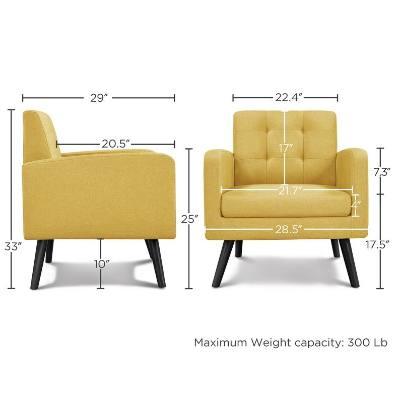 Yaheetech Set of 2 Mid Century Tufted Back Accent Arm Chair with Rubberwood Legs, Yellow