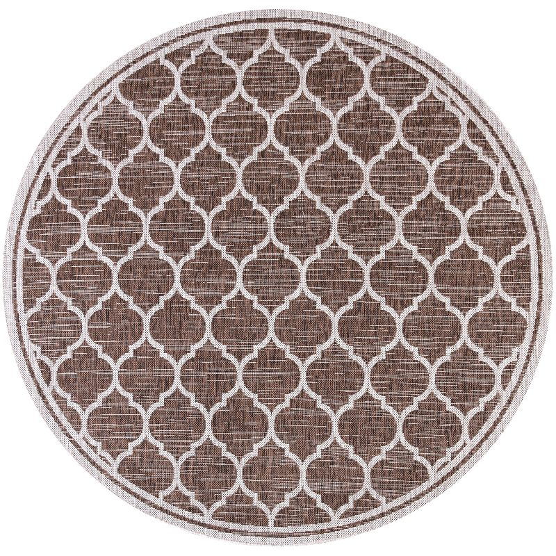 5' Round Trebol Moroccan Trellis Textured Weave Indoor/Outdoor Area Rug, Espresso/Taupe - JONATHAN Y