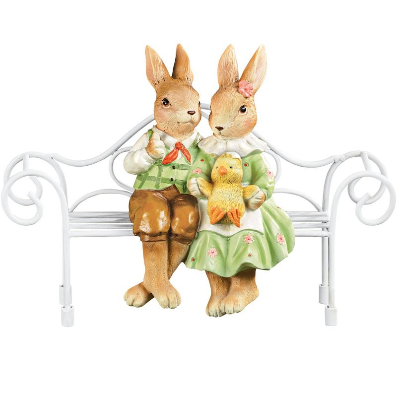 Collections Etc Hand-Painted Bunnies on a Bench Decoration 9.5 X 3.75 X 6.75