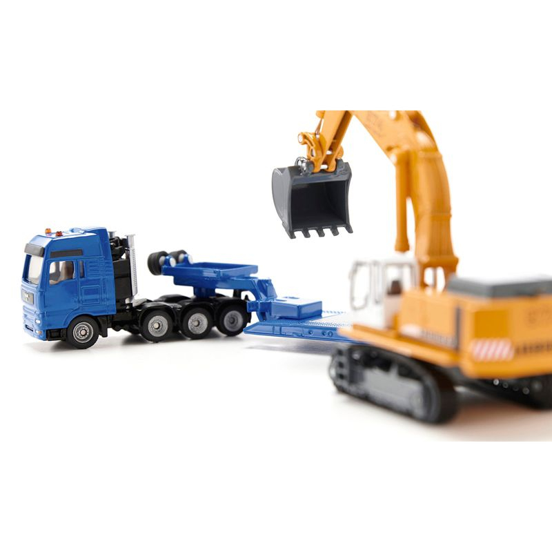 Heavy Haulage Flatbed Transporter Blue and Liebherr 974 Litronic Excavator Yellow 1/87 (HO) Diecast Models by Siku
